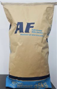 Dried Milk Supplier offering premium-quality of Full Cream Milk Powder, packaged in a large 25 kg brown and blue bag labeled 'AF Full Cream Milk Powder PRODUCT OF NEW ZEALAND,' supporting consistent quality for food and beverage applications.